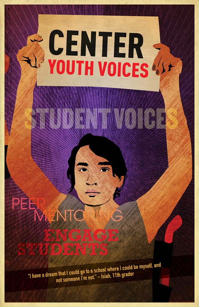Person with short hair holds a sign that says "center youth voices".