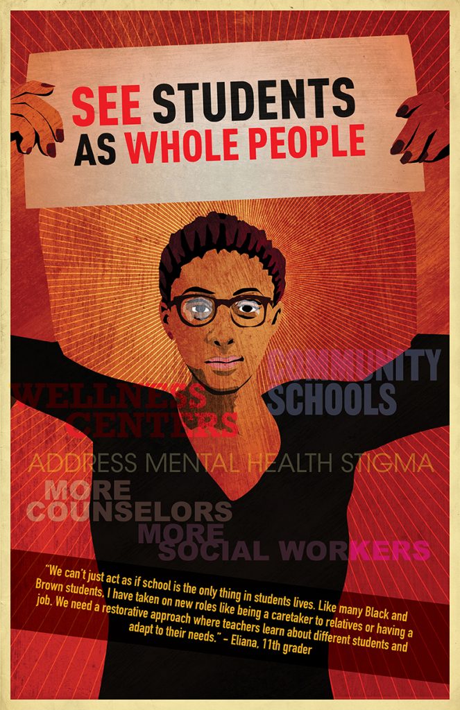 Person with short hair and glasses holds a sign that says "see students as whole people".