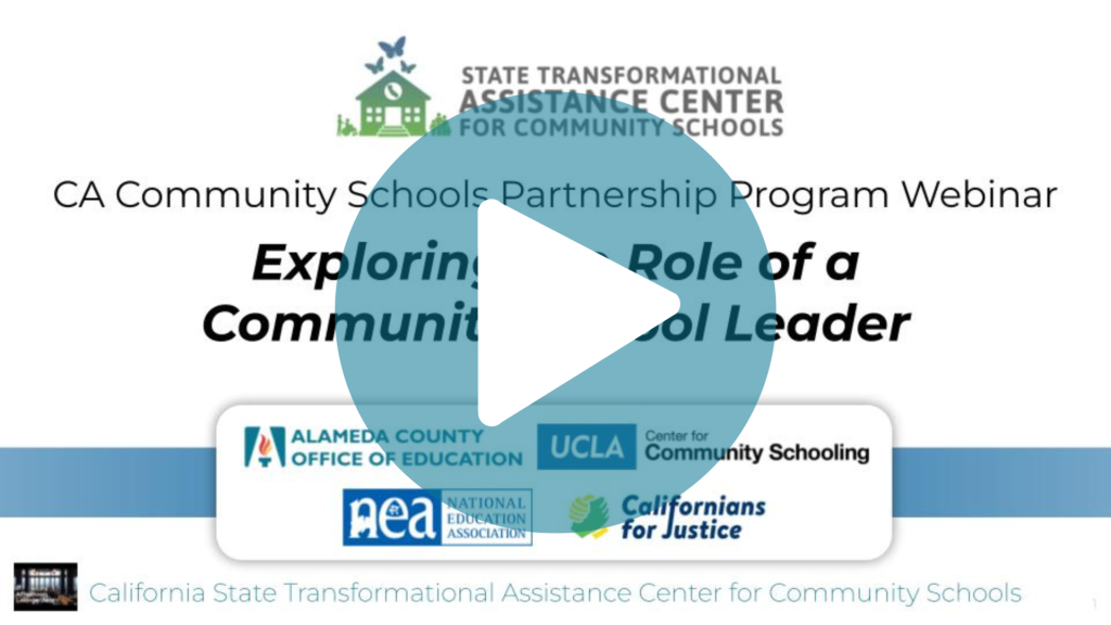 Graphic stating CA Community Schools Partnership Program Webinar Exploring the Role of a Community School Leader