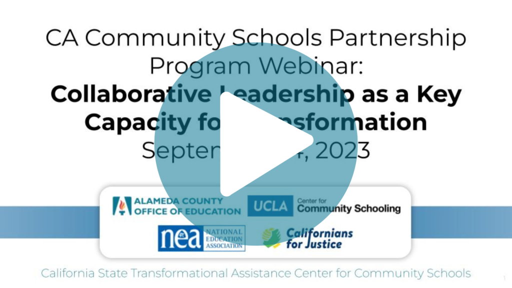 Graphic stating CA Community Schools Partnership Program Webinar: Collaborative Leadership as a Key Capacity for Transformation September 14, 2023