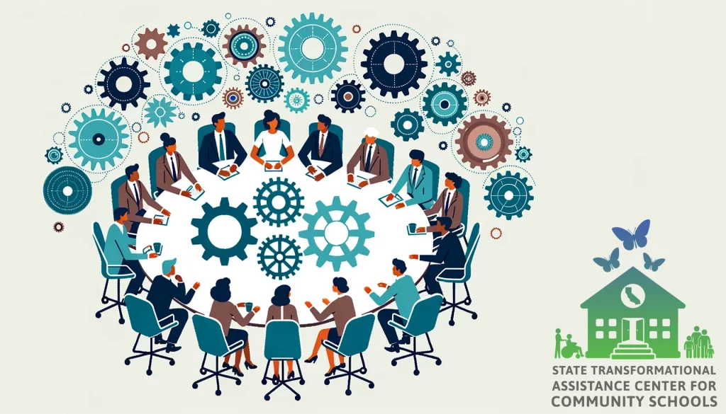 clipart depicting team working around a round table with the State-Transformational Assistance Center logo